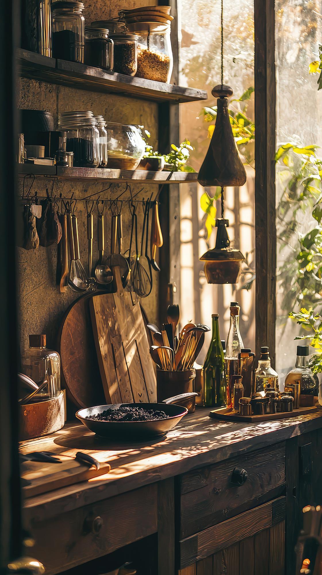 Open kitchen with artisanal tools and pantry